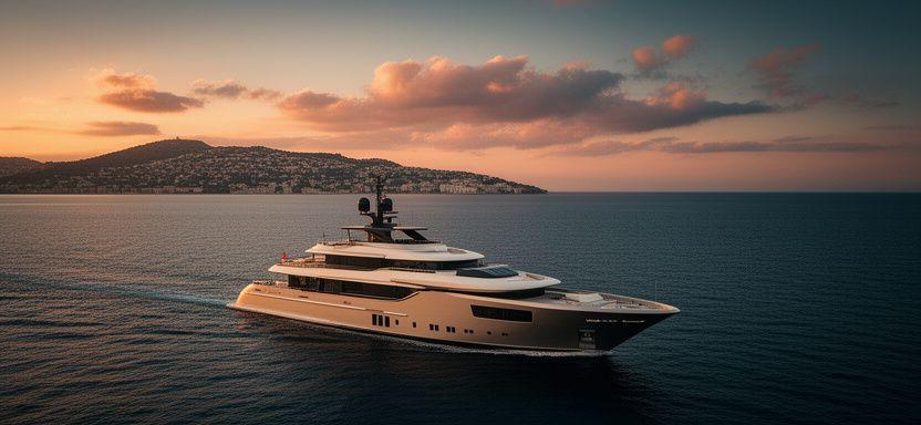 Superyacht al tramonto nel Mar Mediterraneo con la costa italiana sullo sfondo, cielo dorato e mare calmo